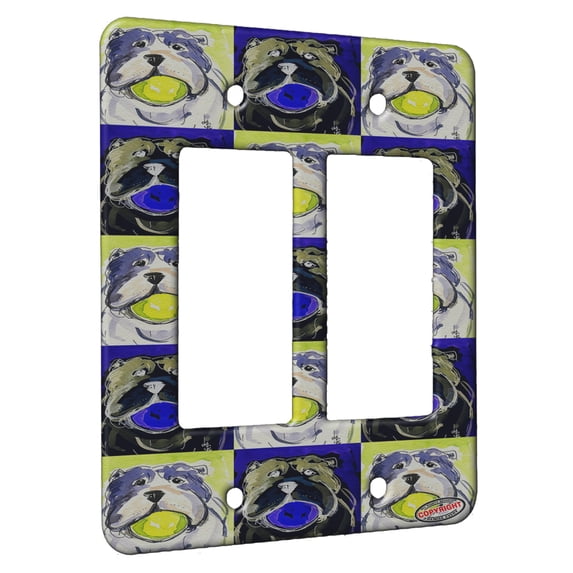KuzmarK™ 2 Gang Rocker Wall Plate - English Bulldog Play Ball Dog Pattern Art by Denise Every