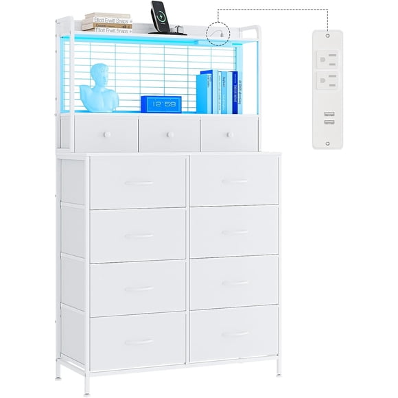 Smart Dresser with 11 Fabric Drawers, Built-in Wireless Charging Station & App-Controlled RGB LED Lights, Industrial Anti-Tip Storage Organizer for Bedroom, White