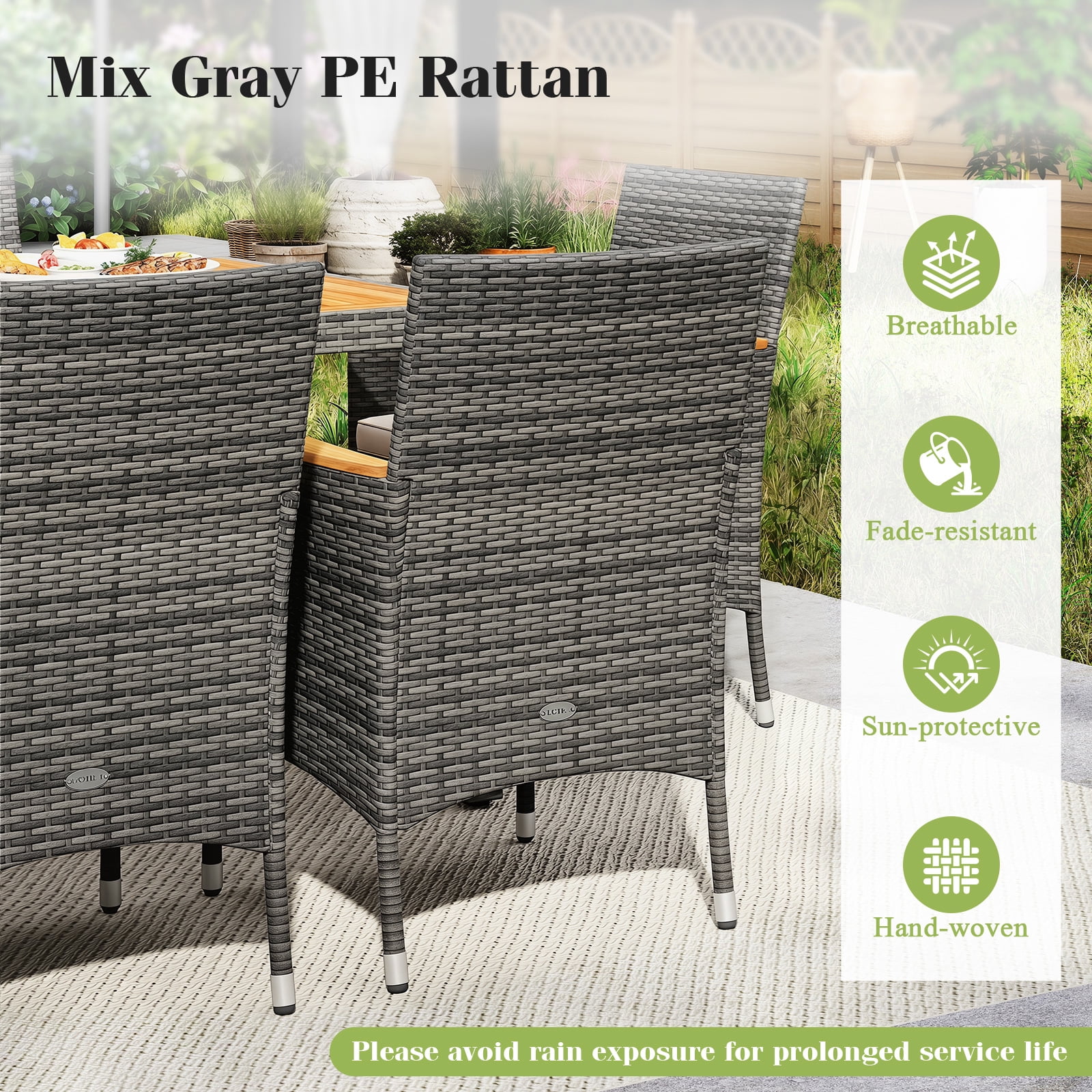 Patiojoy 9PCS Patio Rattan Furniture Dining Set Acacia Wood Table Cushioned Chair for Outdoor