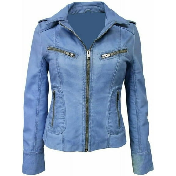 NEW HOT Women Blue Lambskin Real Leather Collared Jacket Motorcycle Slim Fit Coat W319