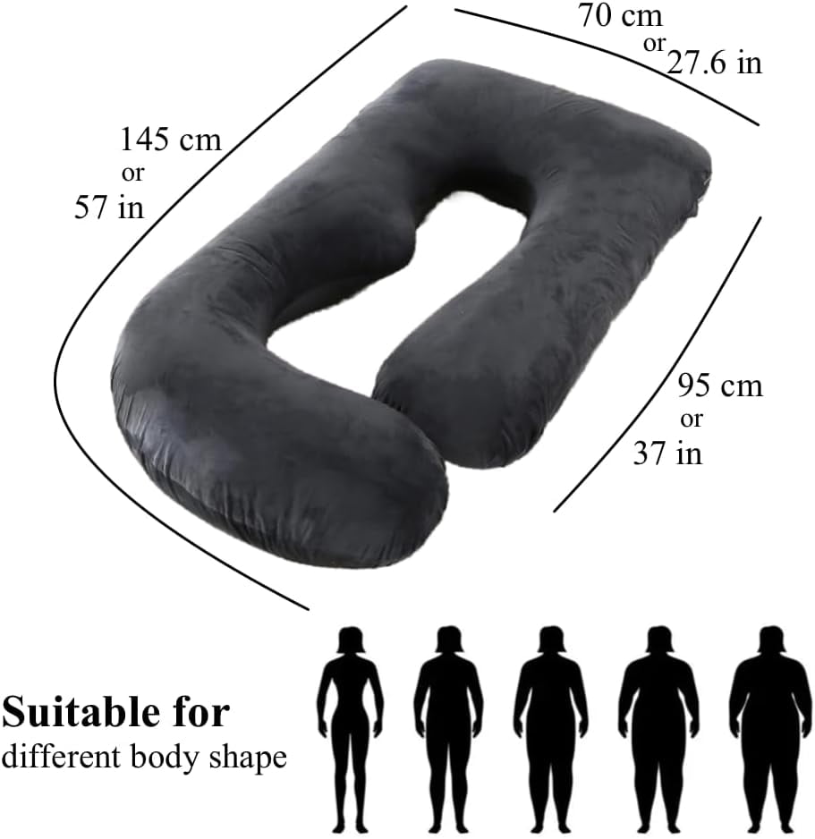 Pregnancy Pillow, Full Body 57 Inch Maternity Pillow with Removable Washable Cover - Sleep Support for Legs, Back, Neck, Shoulder, HIPS, Belly for Pregnent Women, Black Grey Velvet Cover