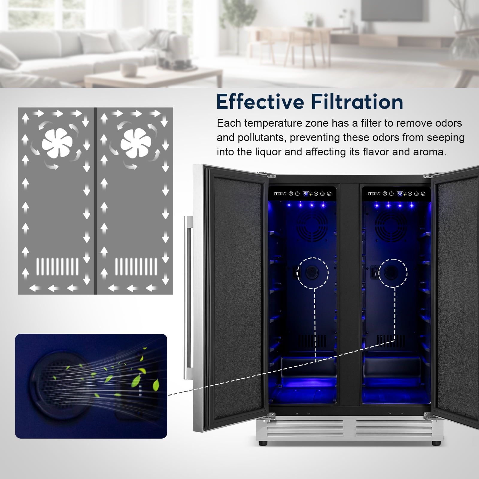 TITTLA  Beverage Refrigerator,24 Inch Wide,Dual Zone 120 Cans Built in Wine Fridge Cooler,Double Stainless Steel Doors