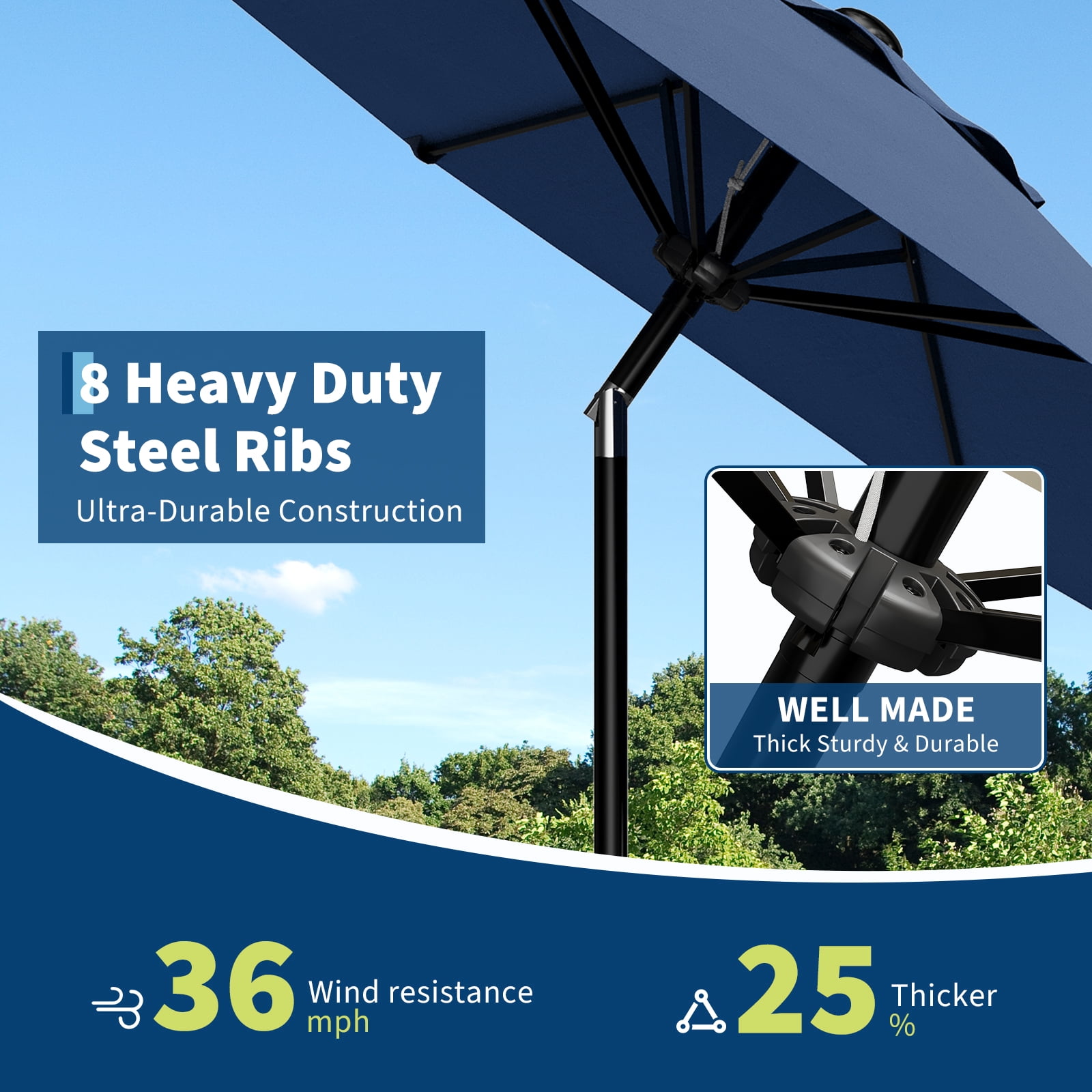9FT Patio Umbrella - Outdoor Market Table Parasol with Smooth Crank Lift, Push Button Tilt, UV Protection, Waterproof Vented Canopy, 8 Sturdy Iron Ribs for Pool, Deck, Garden, Yard