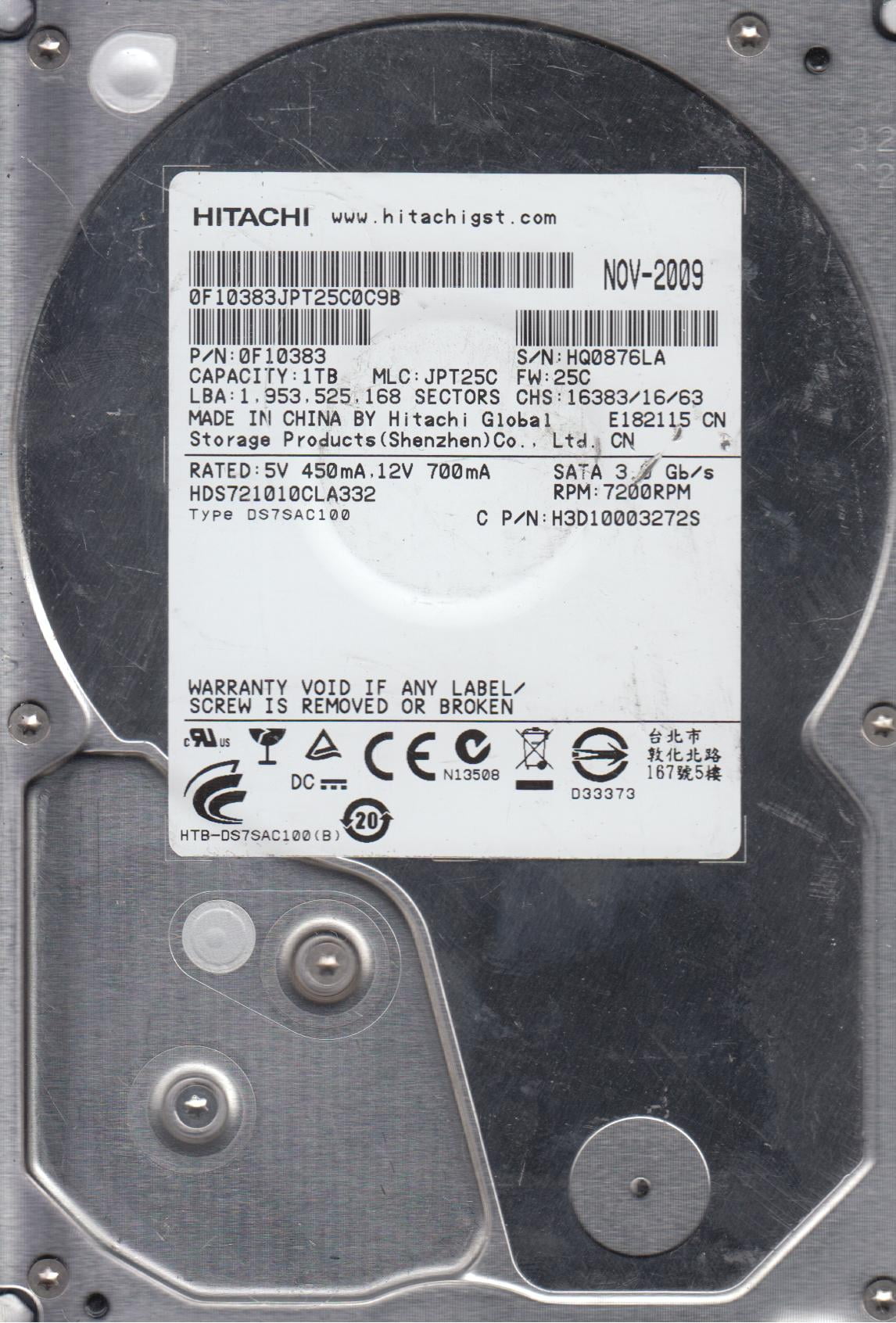 HDS721010CLA332, PN 0F10383, MLC JPT25C, Hitachi 1TB SATA 3.5 Hard ...