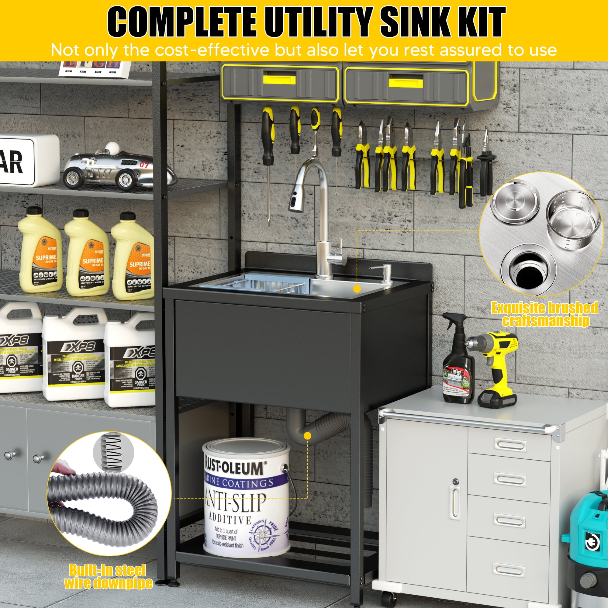 Stainless Steel Utility Sink, 25.7" × 20.7" × 39.5"Freestanding Sink with Cold and Hot Water Faucet,Hoses and Drain Kit for Kitchens, Bathrooms, Garage, Laundry Room