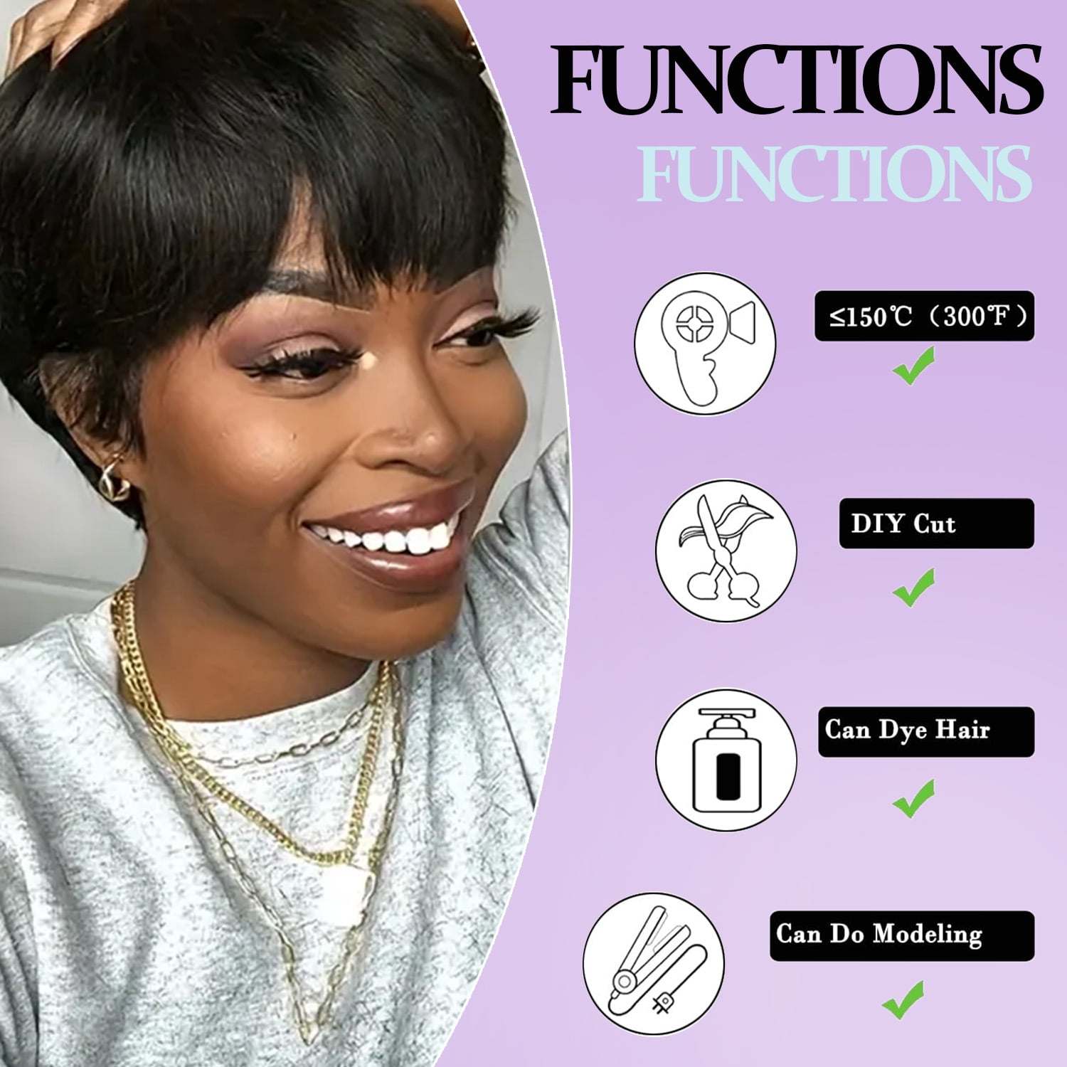 EAEABJ Short Pixie Cut Human Hair Wig with Bangs, Natural Black Straight Layered Glueless