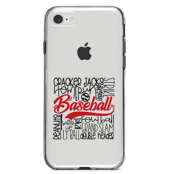 DistinctInk Clear Shockproof Hybrid Case for iPhone 7 8 SE (2020 Model) 4.7" Screen TPU Bumper Acrylic Back Tempered Glass Screen Protector - Baseball Word Art - Black & Red