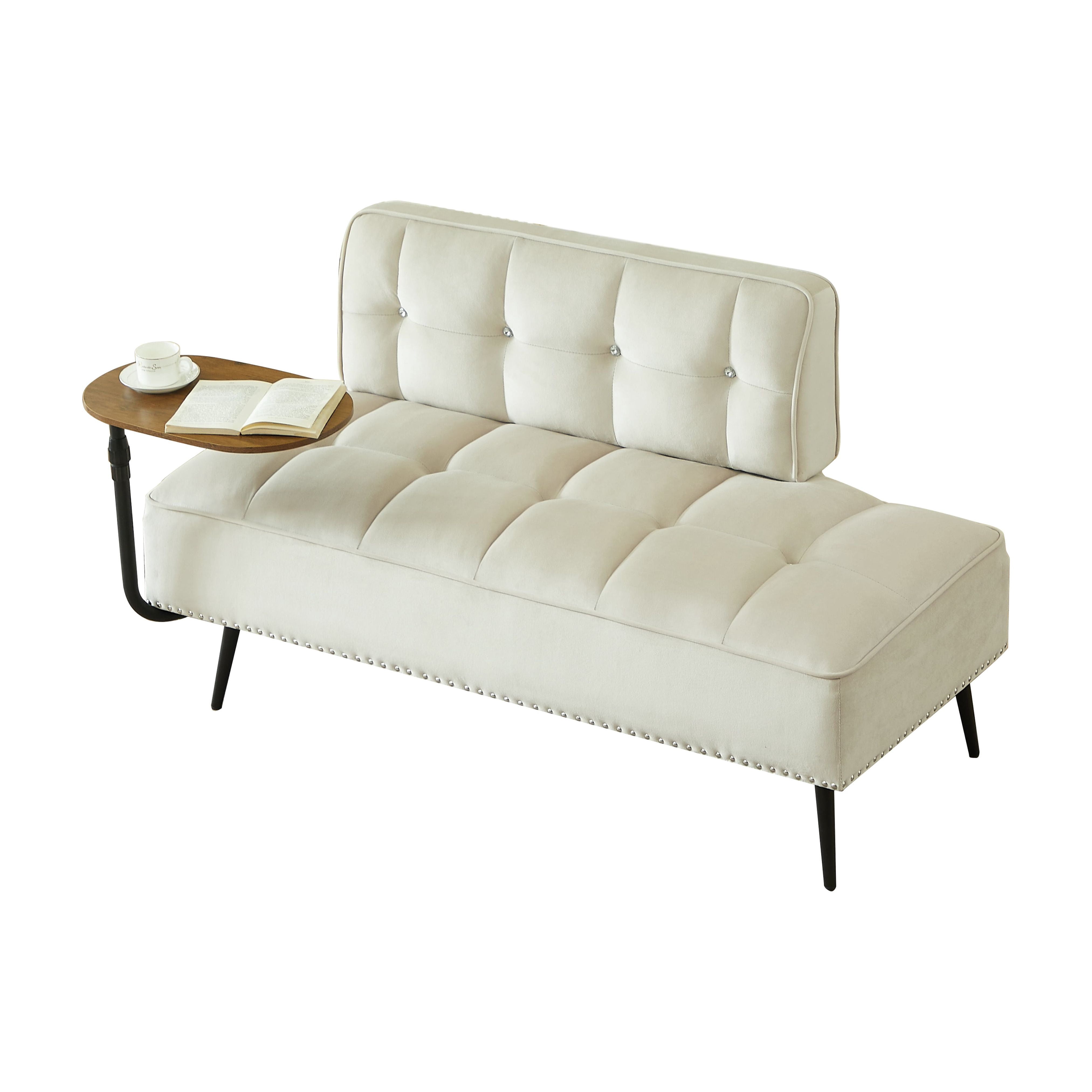 Modern Two-Seater Velvet Sofa with 360° Rotating Side Table, Entryway Ottoman Bench with Backrest for Living Room, Bedroom, Apartment, Space Saver, Beige