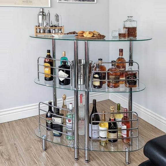 Mango Steam Contemporary Home Bar Liquor Table | Modern Clear Tempered Glass Shelves | 41" H x 47" L x 13.6" D