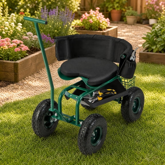 ELLEGNT Adjustable Rolling Garden Cart Workseat with 360 Degree Swivel Seat, 2 Handles, Green
