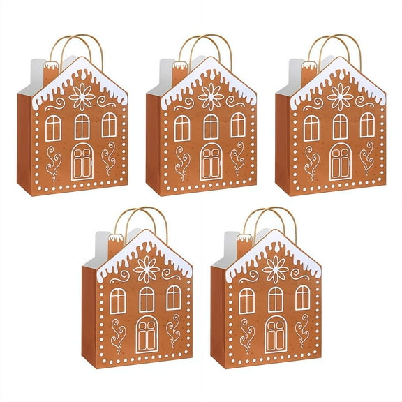 5-Pack Reusable Gingerbread House-Shaped Christmas Gift Bags with Handles, Christmas Candy Treat Bags for Holiday Treats, Candy, and Party Favors