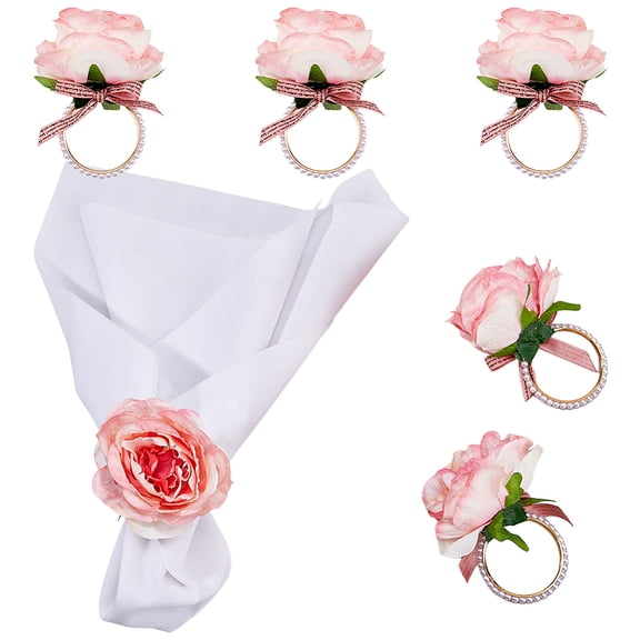 Napkin Rings Set of 6 Flower Paper Napkin Rings Holders Champagne Rose Pearl Napkin Buckles Pink Handcraft Serviette Rings