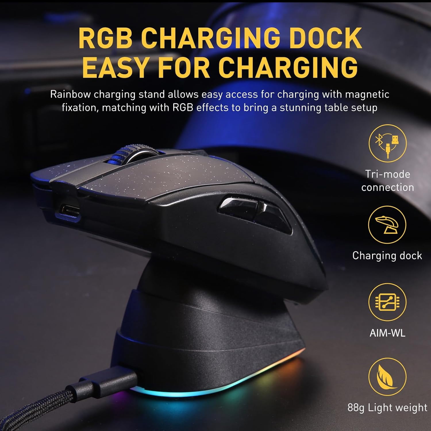 DAREU A950 Wireless Gaming Mouse with RGB Charging Dock,88g Lightweight Programmable Tri-Mode Wireless Mouse Gaming, Up to 12K DPI,1000Hz,120Hrs Playtime with RGB Backlit, Great for PC, Mac