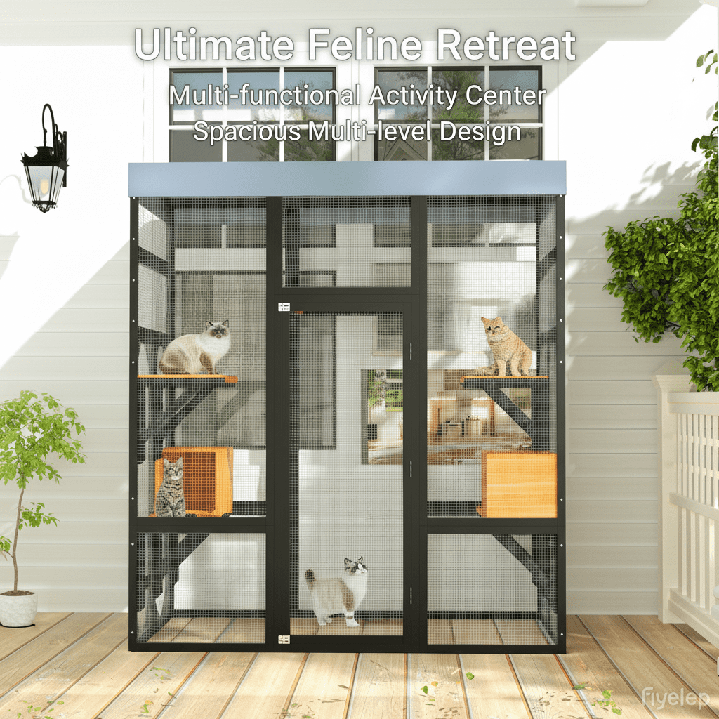 ANYKOON Large  Indoor & Outdoor  Cat Enclosure Catio with 5 Platforms & 2 Napping Houses, Secure Metal Frame, Easy Assembly