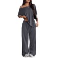 thumbnail image 2 of Women's 2 Piece Lounge Sets Off Shoulder Oversized Short Sleeve Tops Casual Wide Leg Pant Set Dark Gray L, 2 of 8