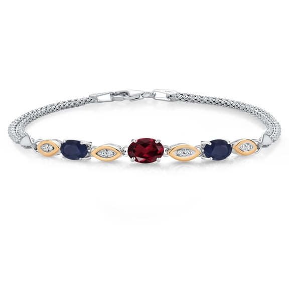 925 Silver and 10K Yellow Gold Red Rhodolite Garnet and Blue Sapphire and White Lab Grown Diamond Bracelet for Women (2.07 Cttw, Gemstone January Birthstone, Oval, Wheat Chain, 7.5 inches)