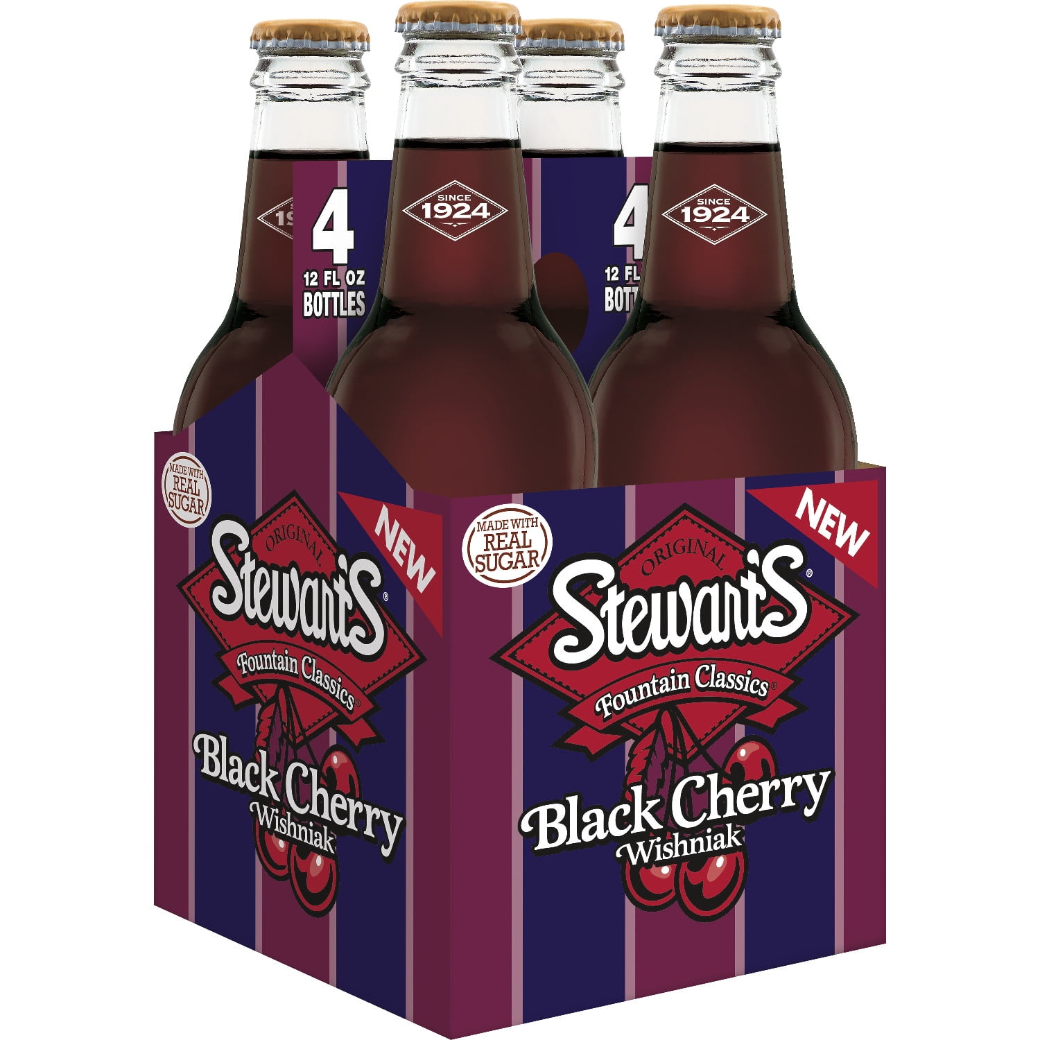 Stewart's Black Cherry Wishniak Made with Sugar, 12 fl oz glass bottles, 4 Pack