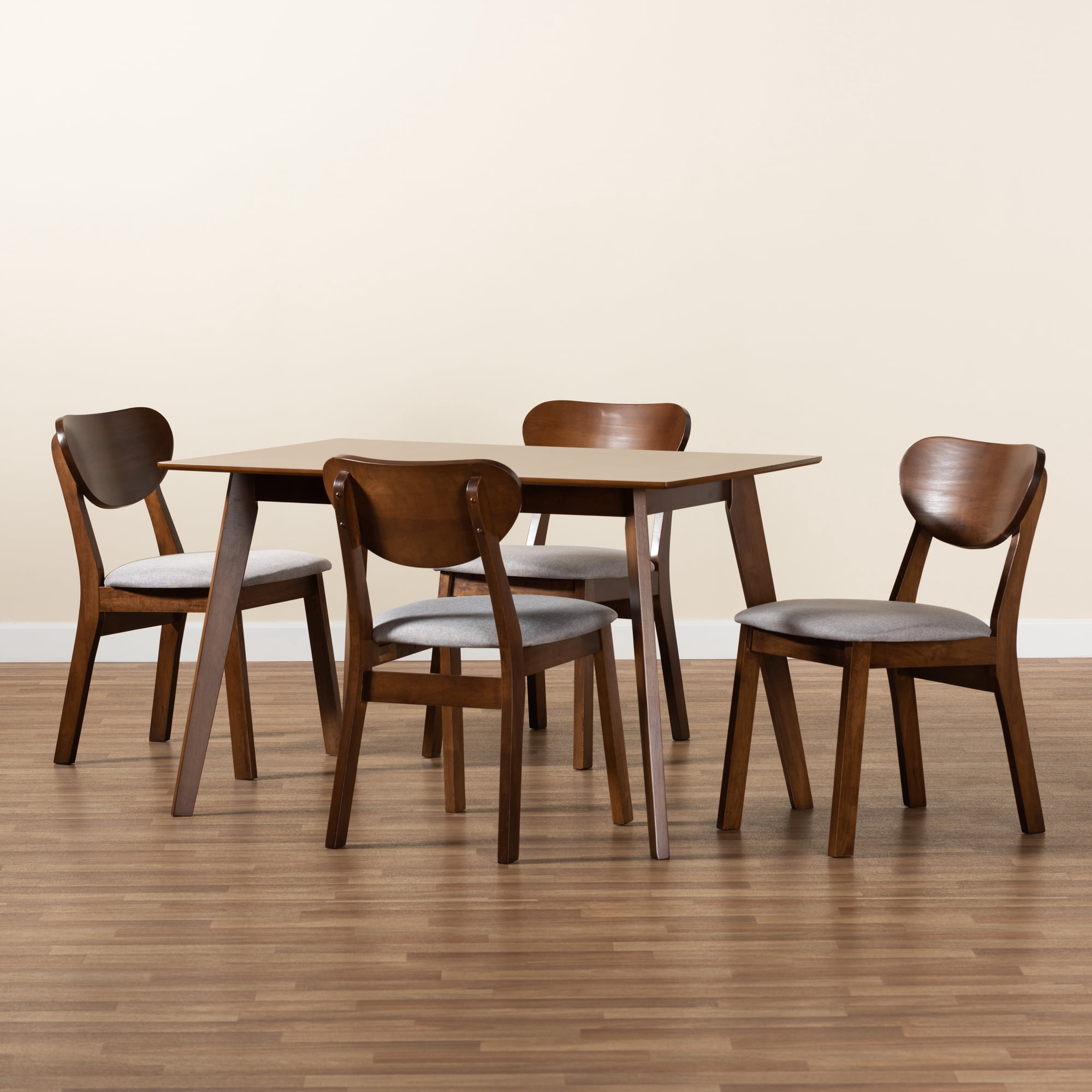 Baxton Studio Damara Mid-Century Modern Grey Fabric Upholstered and Walnut Brown Finished Wood 5-Piece Dining Set