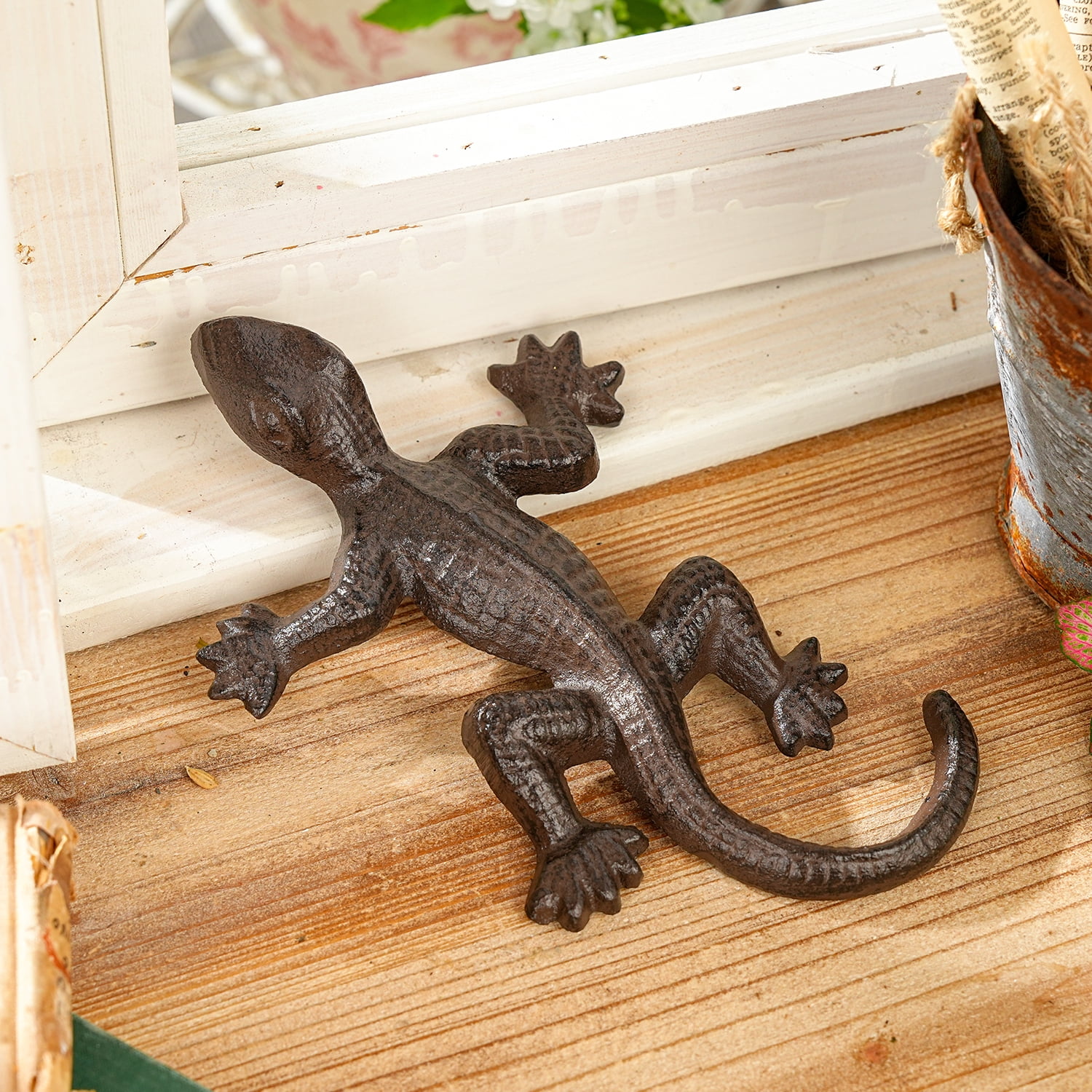 Sungmor Cast Iron Lizard Statue,Vintage Outdoor Animal Collection Figurines,Home Office Shelf Decor,Garden Lawn Adorable Ornament,Vintage Brown Finish - Straight Tail