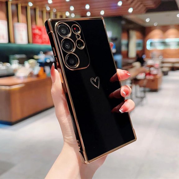 Compatible with Samsung Galaxy S24 Ultra 5G Case for Women Cute Luxury Love Heart Pattern Design Full Camera Protection Soft TPU Reinforced Corners Protective Plating Edge Phone Case - Black