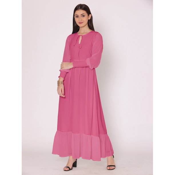DressBerry Women's Solid Floor Length Dress Puff Sleeves