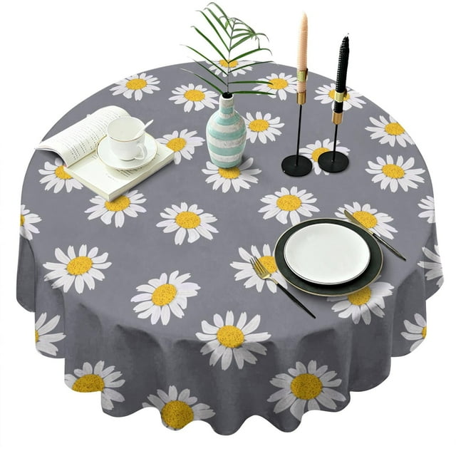 Nappe Ronde Jaune à Motif de Marguerites, Nappe Résistante aux Plis en Polyester, Nappe Imperméable et Réutilisable pour Cuisine, Pique-Nique, Fête (Ronde, 60x60 Pouces)