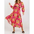 thumbnail image 2 of Arvbitana Women Casual Long Dress V-neck Fashion Print Long Sleeve A-Line Pleated Dress Swing Flowy Midi Dress for Beach Club Streetwear, 2 of 6