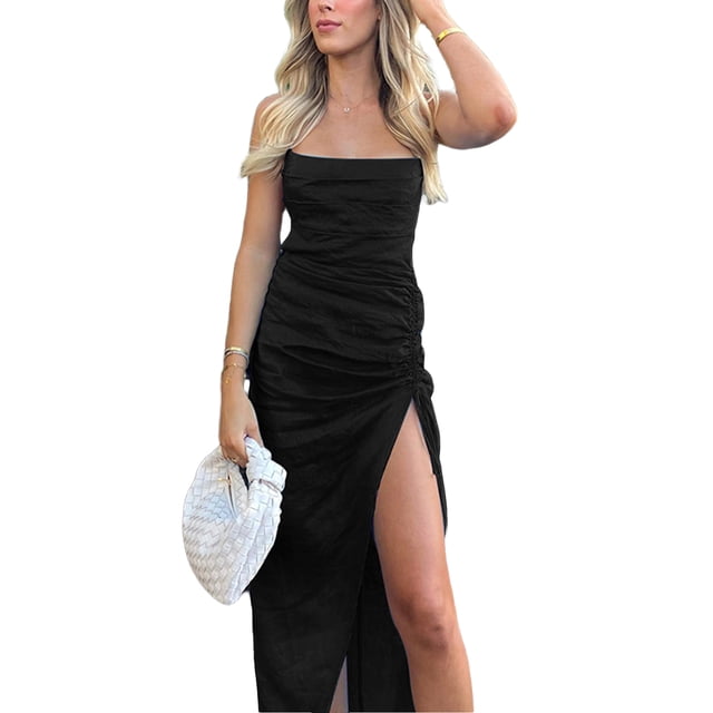 SAYOO , vestido sin mangas con espalda descubierta para mujer, Color sólido con cordón fruncido, abertura lateral, vestido de fiesta informal de verano, ropa de calle para Club SAYOO Moda