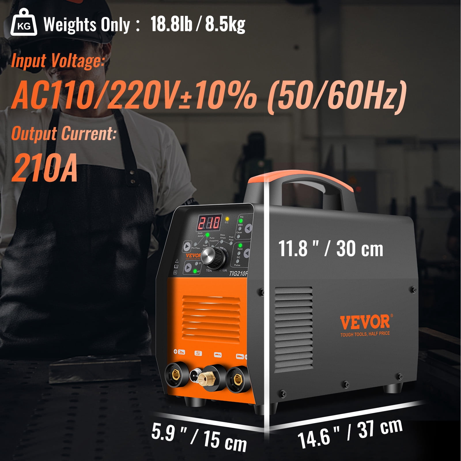 VEVOR 210Amp TIG Welder 110/220V Dual Voltage HF TIG/Stick/Clean 3 in 1 Welder w/ Pulse, IGBT Inverter & Torch, Digital Arc Welding Machine for Stainless Steel, Iron, Mild Steel, Copper, and Nickel