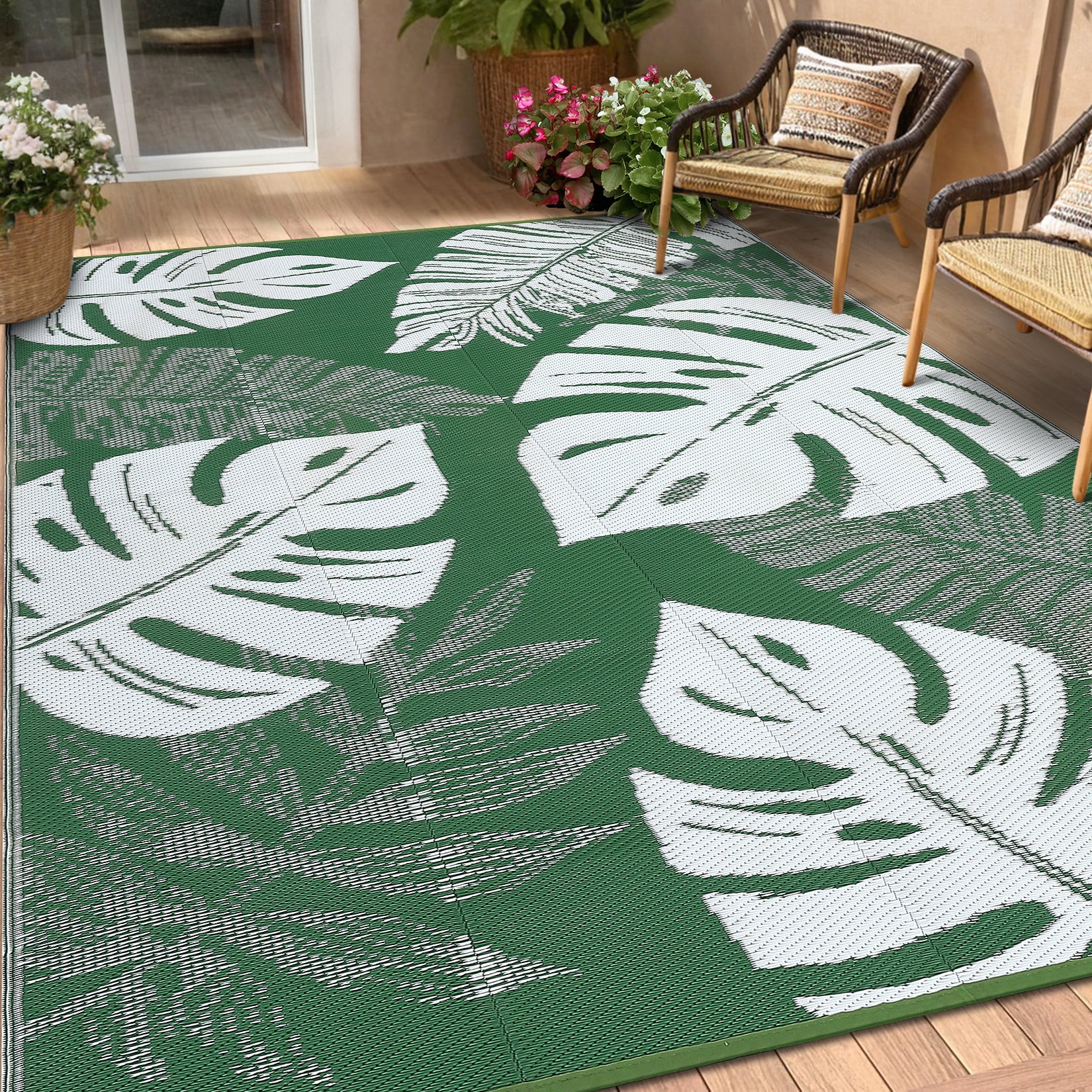 Hasoo 9' x 12' Green/White Outdoor Rug Plastic Straw Rug Bohemia Carpet Waterproof PP Tube Woven Portable Mat for Patio Decor, Balcony, Picnic