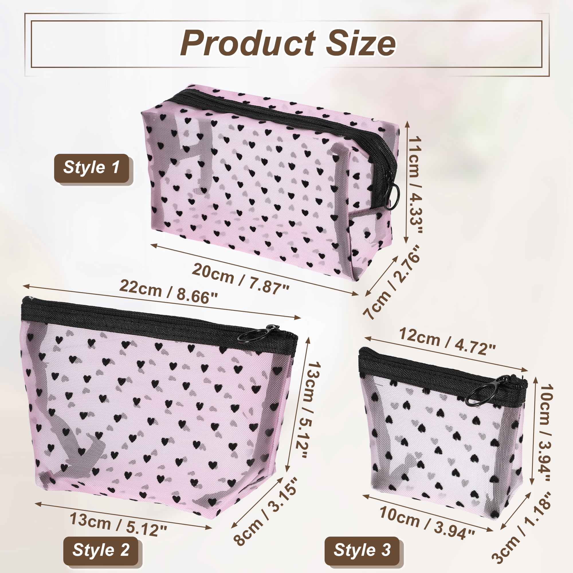 Unique Bargains 3 Pcs Heart Shape Print Mesh Makeup Bag Clear Makeup Pouch w Zipper Pink