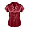 thumbnail image 4 of Craaazy Women's Short Sleeve V Neck Tops Satin Solid Color Casual Button Down Blouses for Spring Summer Gift, 4 of 5