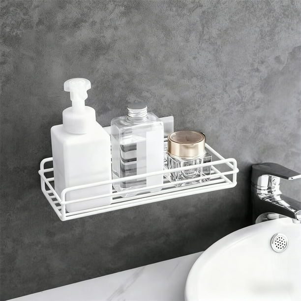 Estante de pared para baño sin taladro | Estante rectangular de metal | Organizador multiusos para artículos de tocador, ducha y cocina | Diseño compacto | Ganchos adhesivos incluidos