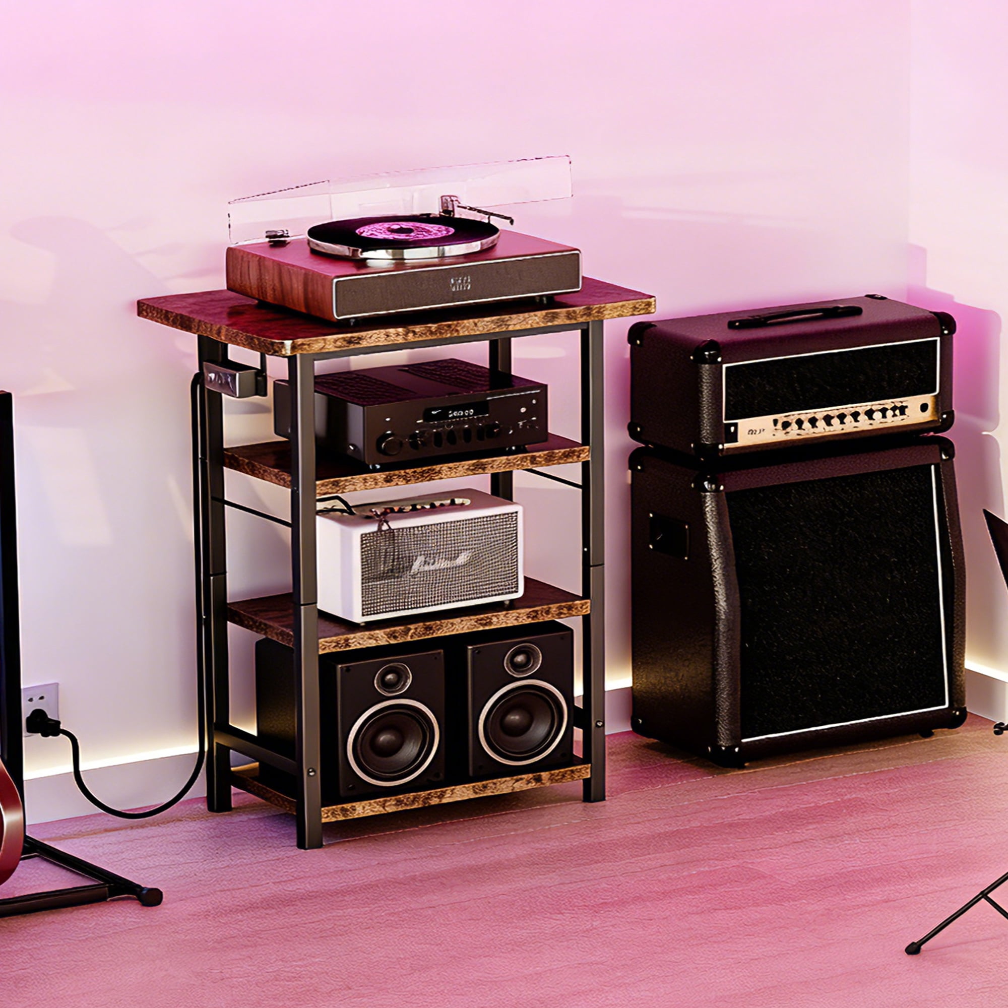 Homeiju 4-Tier AV Media Stand with Power Outlet, Wooden Record Player Stand, Entertainment Center with Storage Shelves, Stereo Stand DVD Stand for Bedroom, Living Room, Brown
