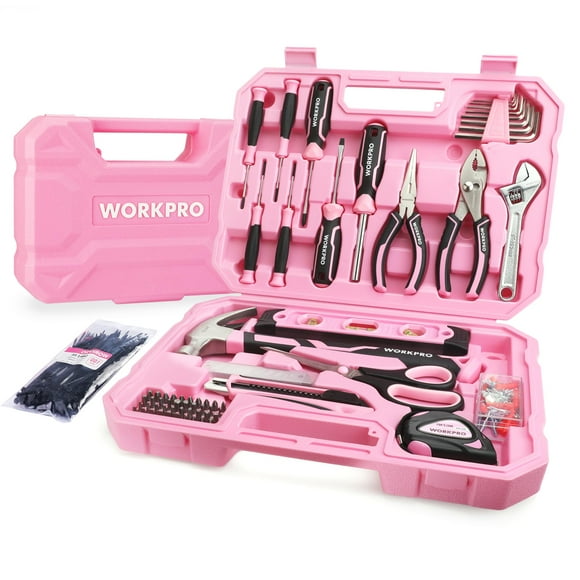 Kit de herramientas WORKPRO Pink 258 piezas con martillo rosa y destornillador