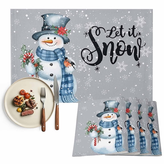 Snowman Christmas Placemats Set of 6, Let It Snow Winter Holiday Table Mats Washable Heat-Resistant Non-Slip Place Mats for Kitchen Dinner Table Indoor Outdoor Decor,13x19 Inch Grey White