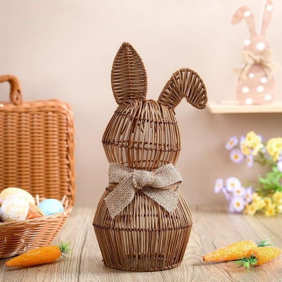 Rattan Bunny with Bow Easter Decor 12" Table Rabbit Easter Decorations Spring Bunnies Decoration Statue Figurine Rattan Bunny Decor for Home Farmhouse Table Kitchen