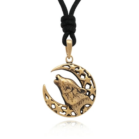 Wolf Howling Moon Indian Handmade Brass Charm Necklace Pendant Jewelry With Cotton