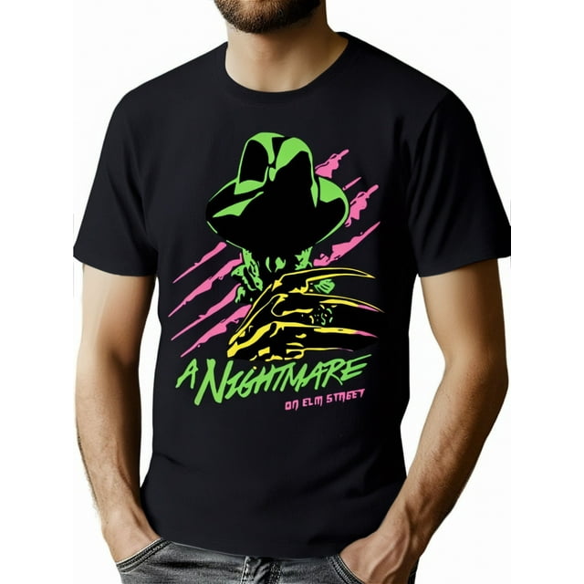 1pc Elm Street Freddy Neon Graphic T-Shirt - Vibrant Print, Soft 100% Cotton, Casual Round Neck, Unisex, All-Season Top for Sports, Parties, and Daily Wear