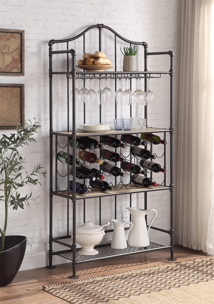 Freestanding Wine Shelf with Wine Rack, Glass Holder and Storage
