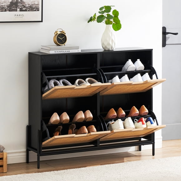 Garvee 2Pack Shoe Cabinet with 2 Flip Door, Freestanding Shoe Rack, Natural Rattan Shoes Storage Cabinet for Entryway, Narrow Shoe Rack Cabinet