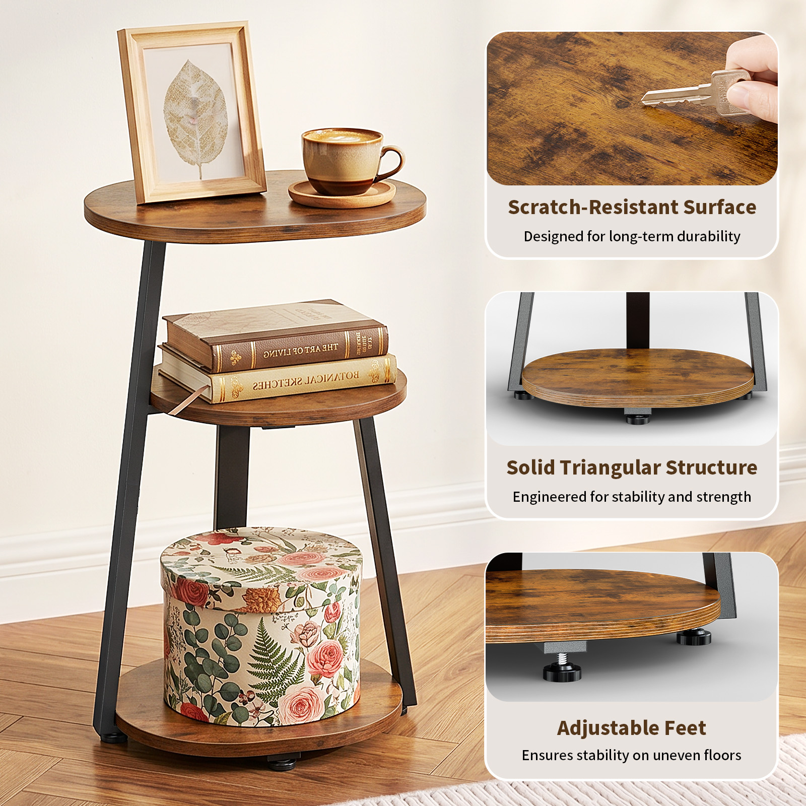 Biemlerfn 3-Tier Round Side Table, Black & Brown photo 4