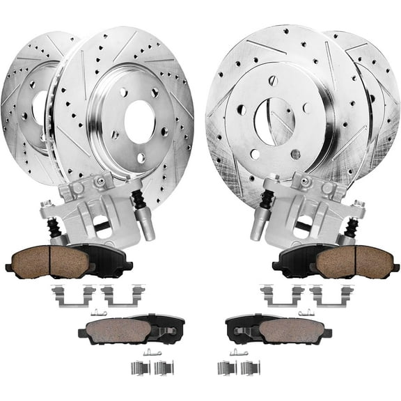 Detroit Axle - Front and Rear Drilled Rotors Brake Pads Calipers w/Bracket Replacement for Chrysler 200 Sebring Dodge Avenger Caliber - 10pc Set