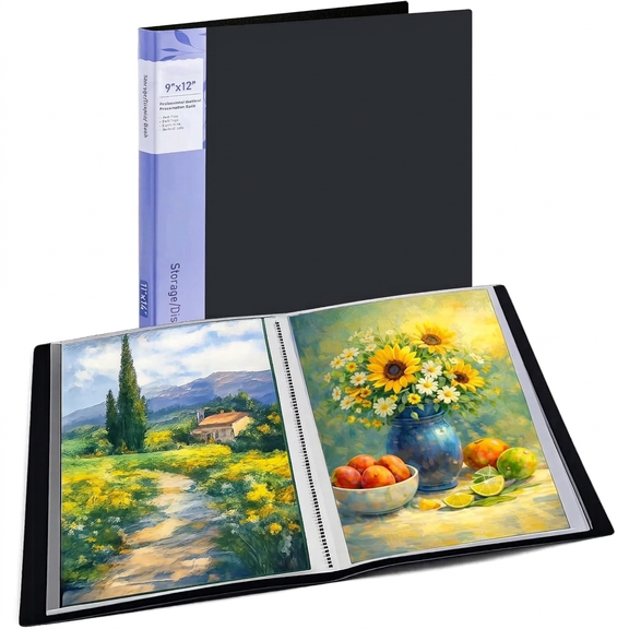 9x12 Art Portfolio Folder with Plastic Sleeves, 24-Pocket Portfolio Binder Displaying 48 Pages, Black