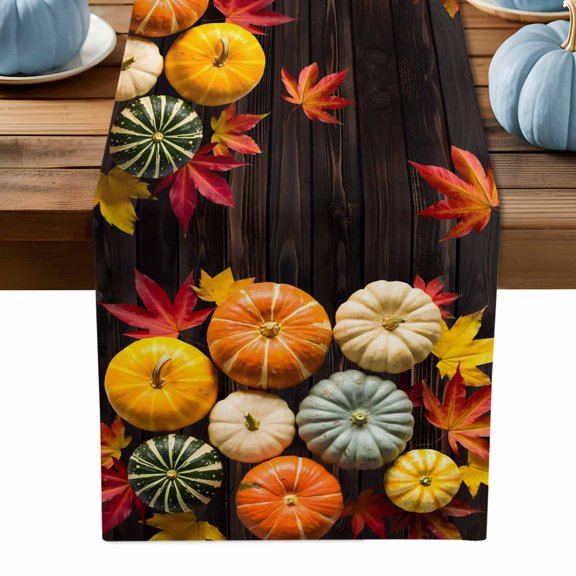 ERUNPONLY Orange Pumpkins Table Runner - 120 Inch Long Maple Leaf Wooden Vintage Farmhouse Cotton and Linen Blended Dress Scarves Farmhouse Table Runner for Kitchen Dining, Coffee Table, 13" x 120"