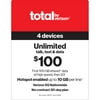 Total by Verizon $100 Unlimited 30-Day 4 Lines Prepaid Plan (100GB Shared Data at High Speeds, then 2G) + 10GB of Mobile Hotspot Per Line e-PIN Top Up (Email Delivery)