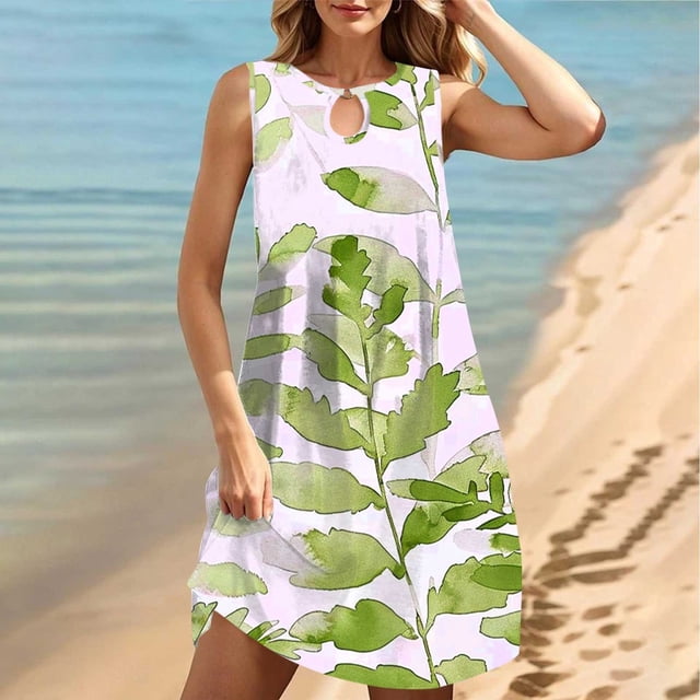 EQWLJWE Maxi Robes d'Été pour Femmes 2024 Vacances Tendance, Robes de Plage Sans Manches pour Femmes en Liquidation, Robe de Plage Sans Manches à Col Rond Dégradé Teinture sur Nœuds pour Femmes