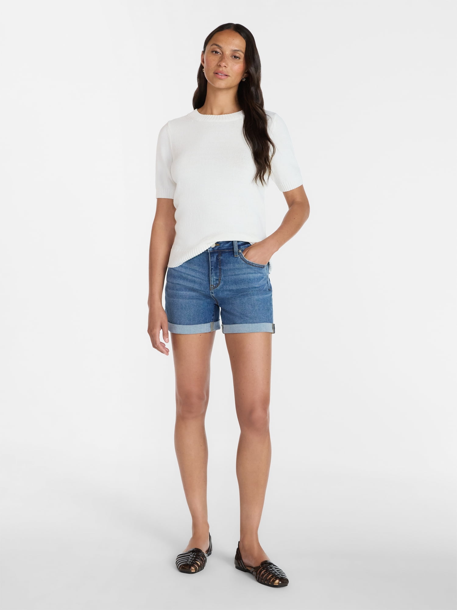 Time and Tru Women's Mid Rise Roll Cuff Denim Shorts, 4" Inseam, Sizes 0-20