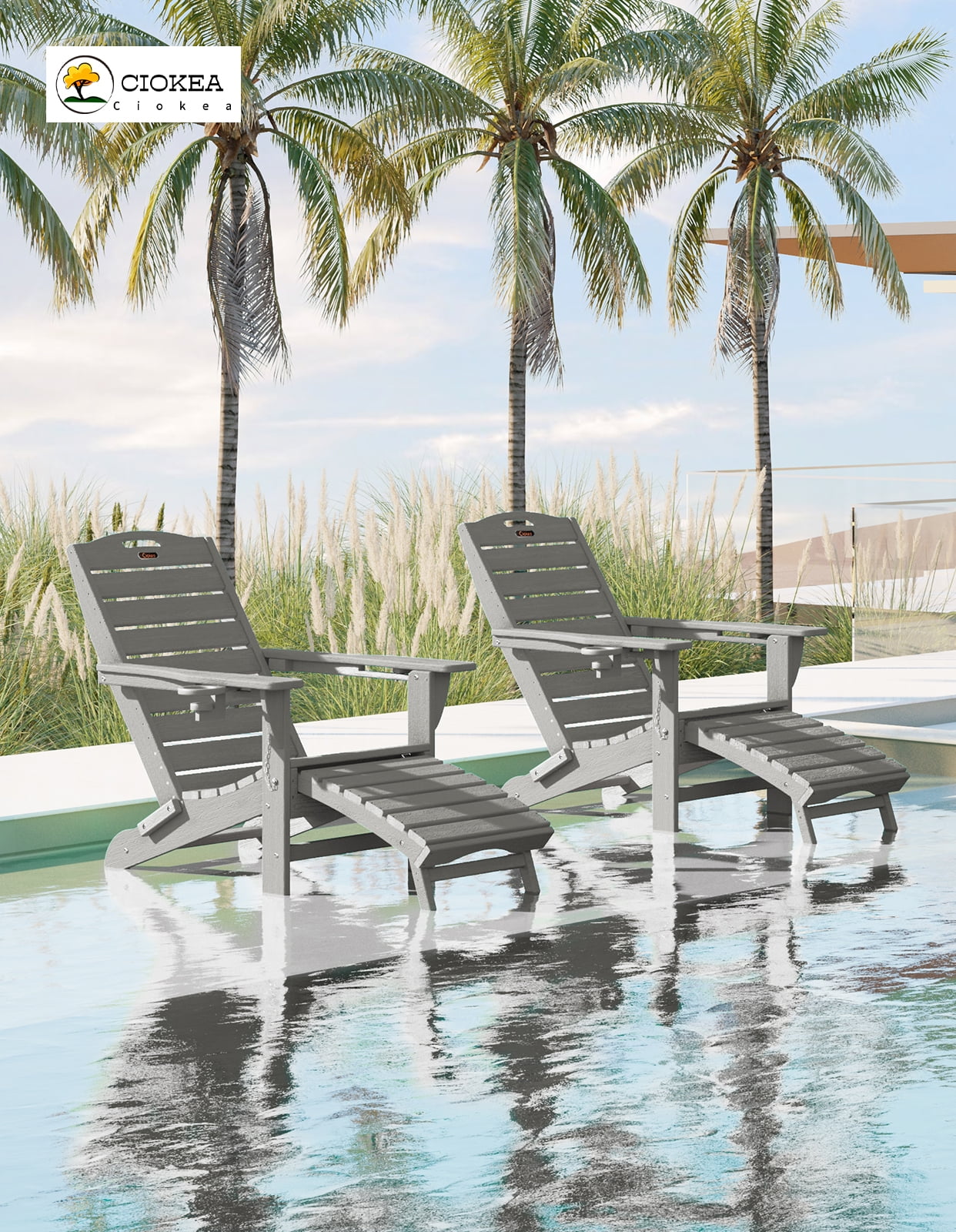 2 Pcs Folding Adirondack Chairs w/ Ottoman, All-Weather HDPE Patio Lounge Chair, Gray