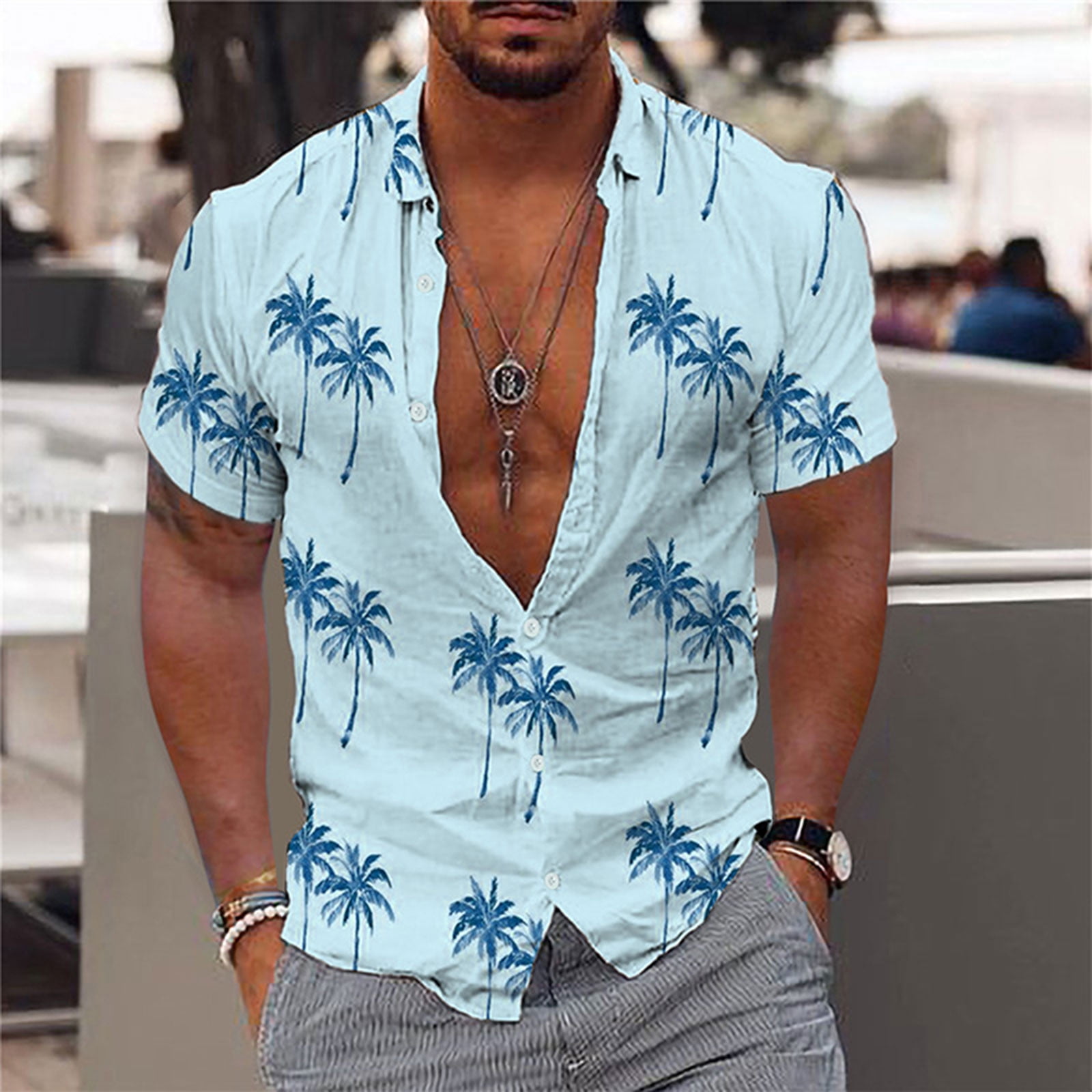 Spring Deals 2024 SMihono Adult Men's Turndown collar Tees Tops Shirt Men  Casual Buttons Print With Pocket Turndown Short Sleeve Shirt Blouse Blue 12  